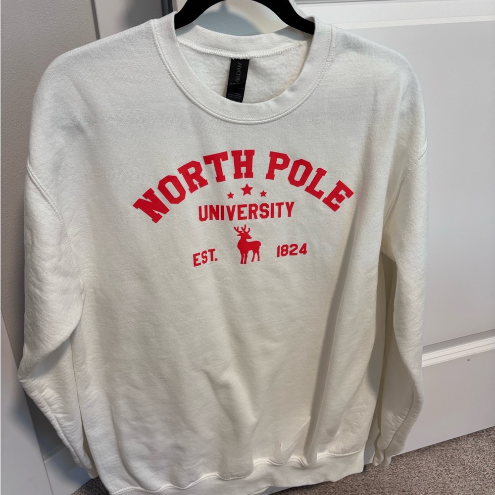 Gildan White Sweatshirt with Red Print size Medium